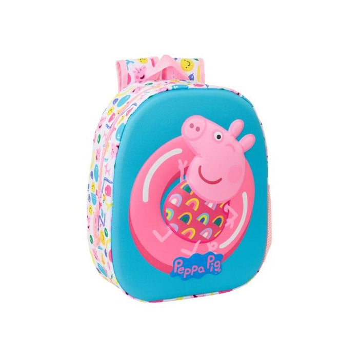 Safta Peppa Pig Mochila 3d - Asa De Mano - Portabotellas Lateral - 27x33x10cm - Azul/Rosa