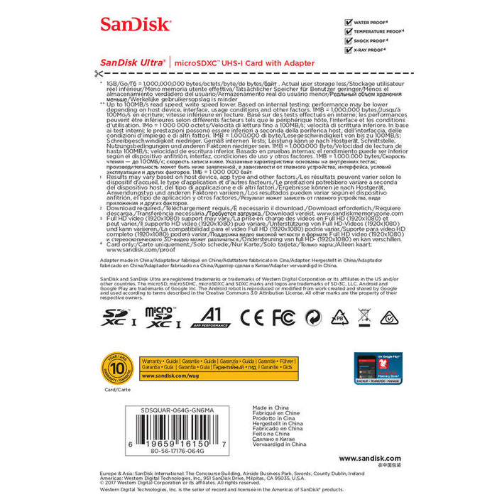 Sandisk Micro Sd 64gb Ultra Android Microsd Xc Uhs-I + Adaptador Sandisk Sd Clase 10 100mb/S