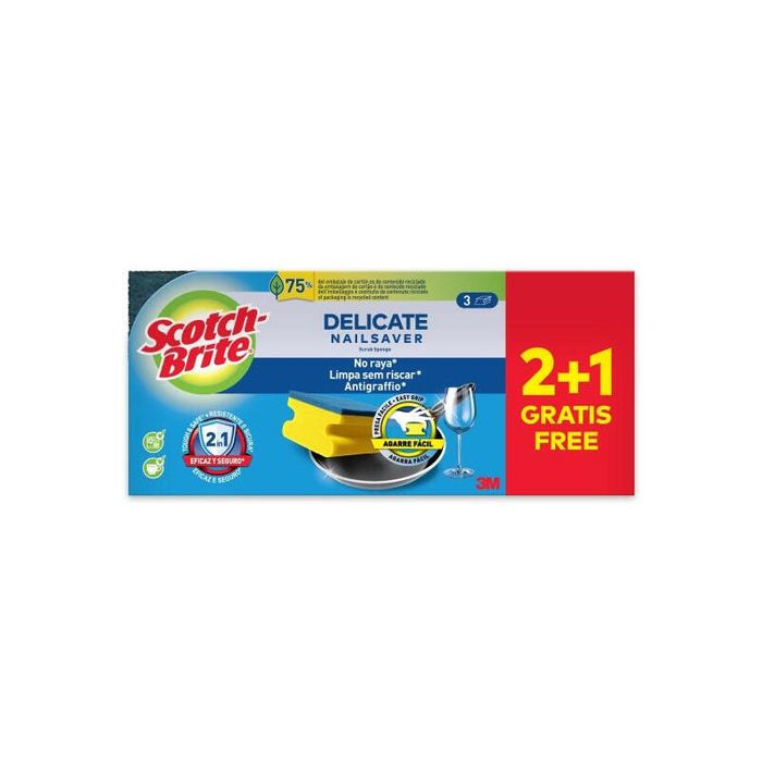 Scotch-Brite Delicate Pack De 3 Estropajos De Cocina - Proteccion Para Los Dedos - Promocion 2 + 1 Gratis - No Raya -