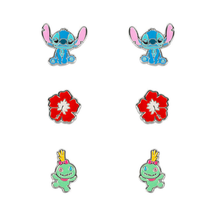Set 3 Pares De Pendientes Stitch Disney Plata