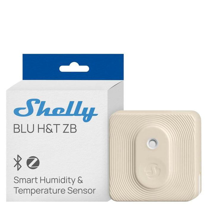 Shelly · Plug & Play · \"Blu Zb H&T Ivory\" · Temperatur- & Feuchtigkeitssensor · Bluetooth · Zigbee · Batterie · Hellbeige