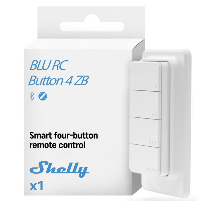 Shelly · Plug & Play · Blu Zb Rc Button 4 · Mando A Distancia Incluye. Magnethalter · 4-Vías · 16 Aktionen · Bluetooth · Zigbee · Blanco