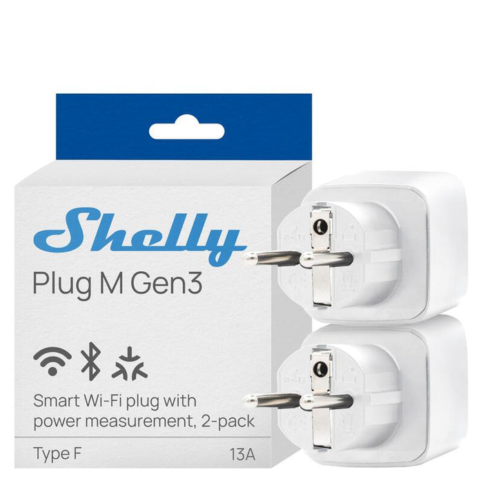 Shelly · Plug & Play Plug M Gen3 Blanco · 2er Set · Smarter Adaptador De Enchufe · 13a · Función De Medición · Wlan · Bt · Blanco