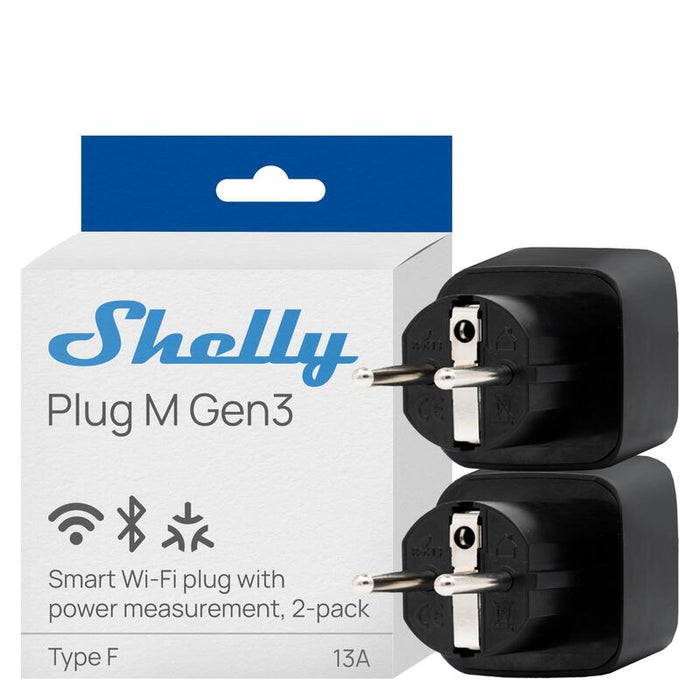 Shelly · Plug & Play Plug M Gen3 Negro · 2er Set · Smarter Zwischenstecker · 13a · Messfunktion · Wlan · Bt · Schwarz