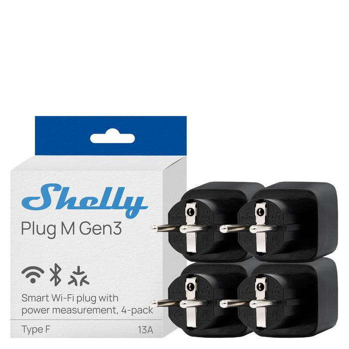 Shelly · Plug & Play Plug M Gen3 Negro · 4er Set · Smarter Zwischenstecker · 13a · Messfunktion · Wlan · Bt · Schwarz