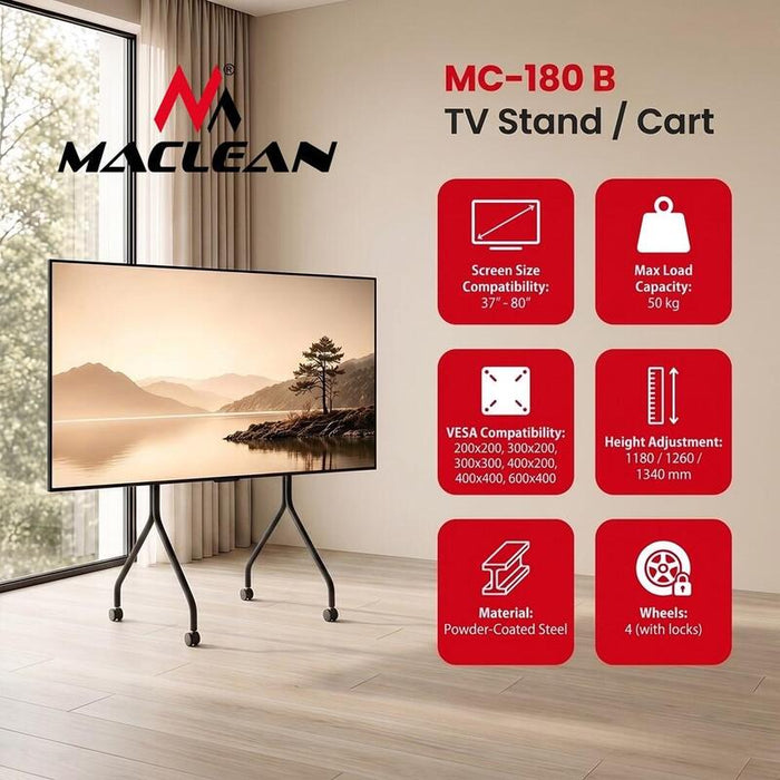 Soporte Carrito Para Tv Maclean, Con Ruedas, 37-80", Carga Máxima 50 Kg, Vesa Máximo 600x400, Negro, Mc-180 B