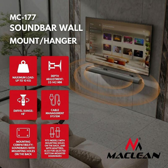 Soporte / Colgador De Pared Para Barra De Sonido Maclean, Ajuste Del Ángulo De +8° A -8°, Carga Máxima De 10 Kg, Fabricado En Acero, Mc-177