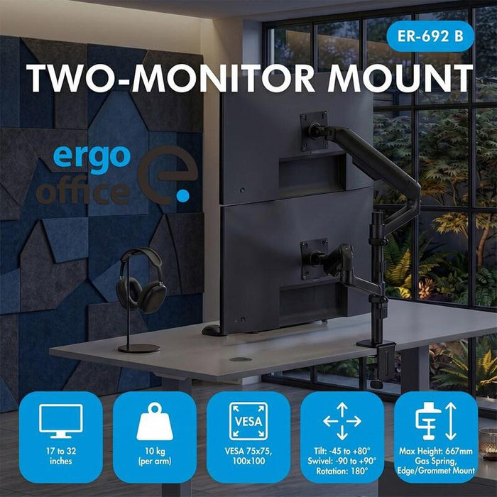 Soporte / Colgador Para 2 Monitores Ergo Office, Resorte De Gas, 17"-32", 1-10 Kg, Negro Mate, Er-692 B