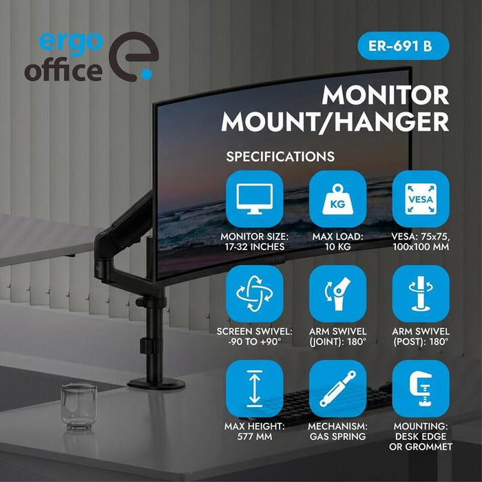 Soporte / Colgador Para Monitor Ergo Office, Resorte De Gas, 17"-32", 1-10 Kg, Negro Mate, Vesa Máx. 100x100, Er-691 B
