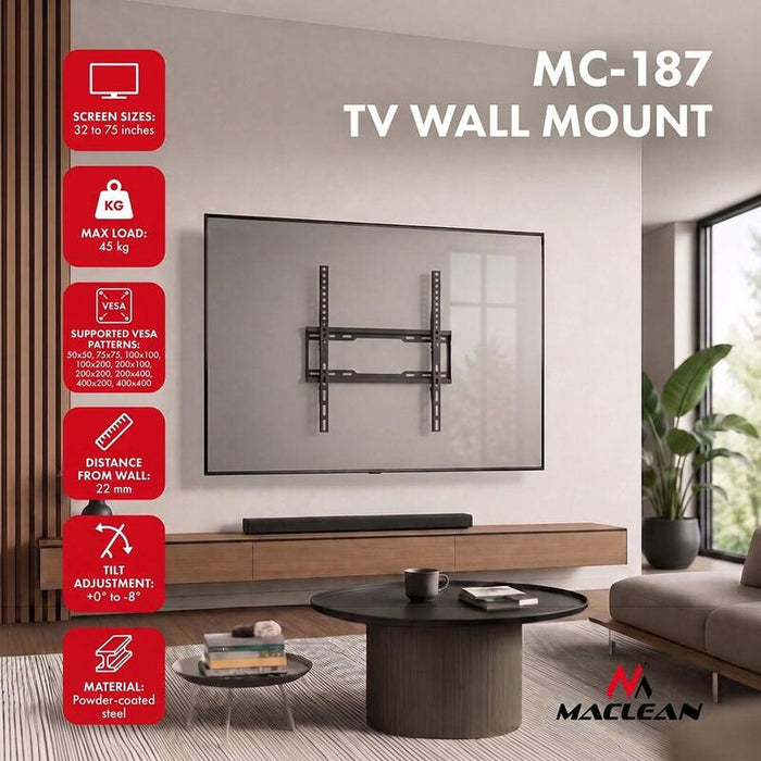 Soporte Colgador Para Tv Maclean, Vesa Máx. 400x400, 32-75", Hasta 45 Kg, Negro, Ajuste De Inclinación 0°~-8°, Mc-187
