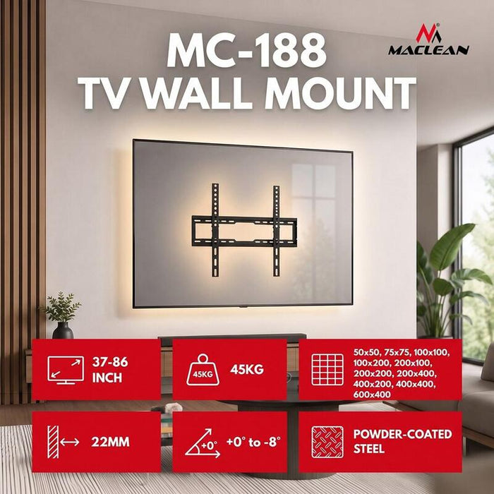 Soporte  Colgador Para Tv Maclean, Vesa Máx. 600x400, 37-86", Hasta 45 Kg, Negro, Ajuste De Inclinación 0°~-8°, Mc-188