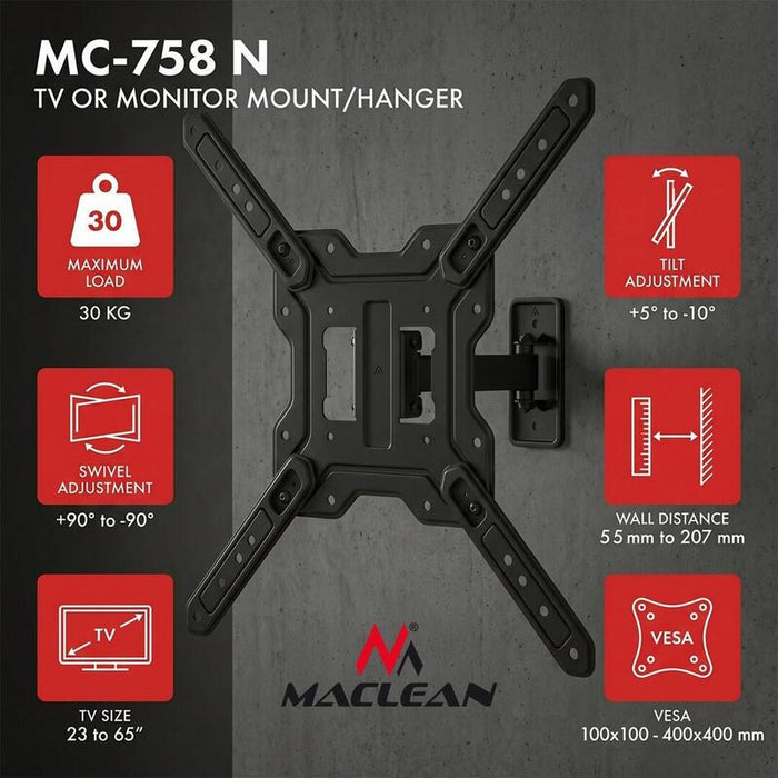 Soporte / Colgador Para Tv O Monitor Maclean, Máx. 23-65", Carga Máxima De 30 Kg, Universal, Vesa Máx. 400x400, Mc-758 N