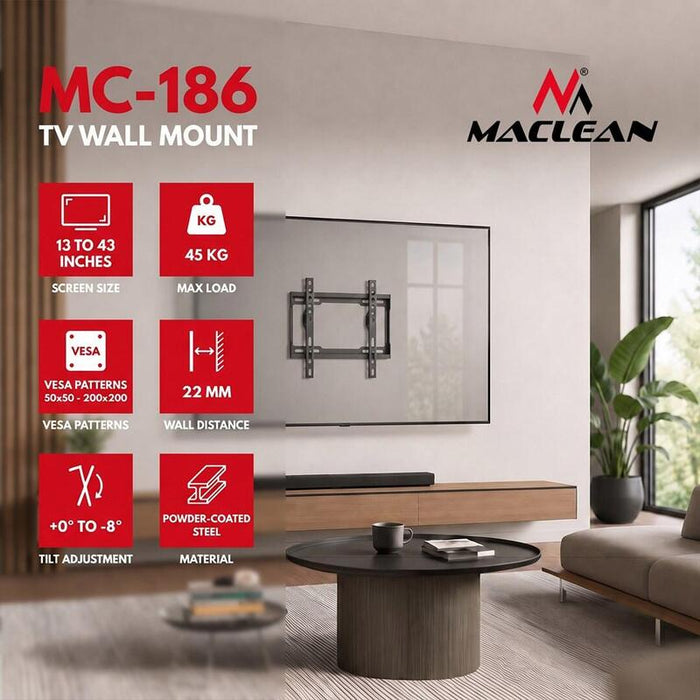 Soporte Para Tv Maclean, Vesa Máx. 200x200, 13-43", Hasta 45 Kg, Negro, Ajuste De Inclinación 0°~-8°, Mc-186