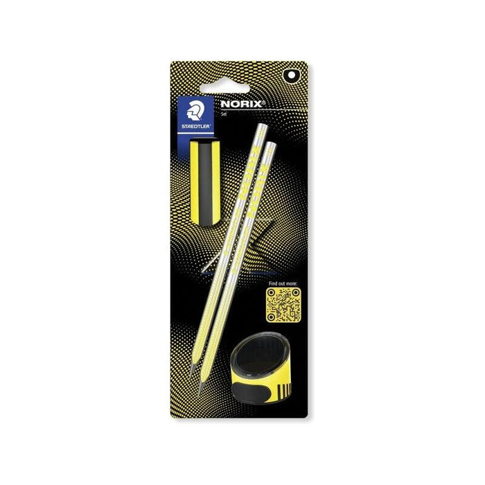 Staedtler Norix Pack De 2 Lapices De Grafito Hb + Borrador + Sacapuntas - Madera Negra - Diseã±O Inteligente