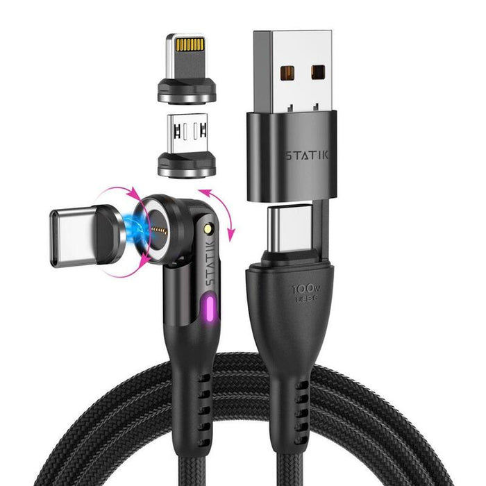 Statik 360pro Braided Rotating 3 Magn. Tips 6-In-1 Cable Black 2m