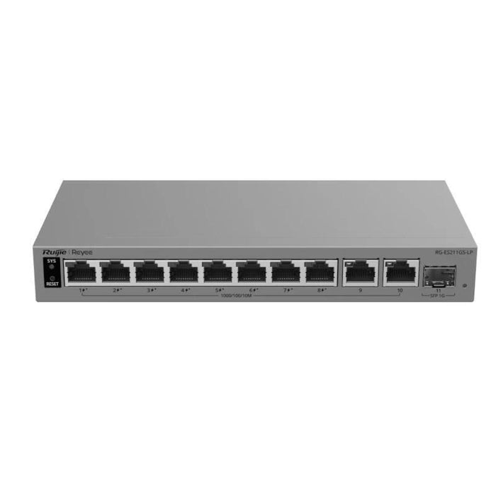Switch Gestionable L2 Ruijie Rg-Es211gs-Lp 11p 10xrj45 Gb 1xsfp Ge 8xpoe 70w Gestion En La Nube