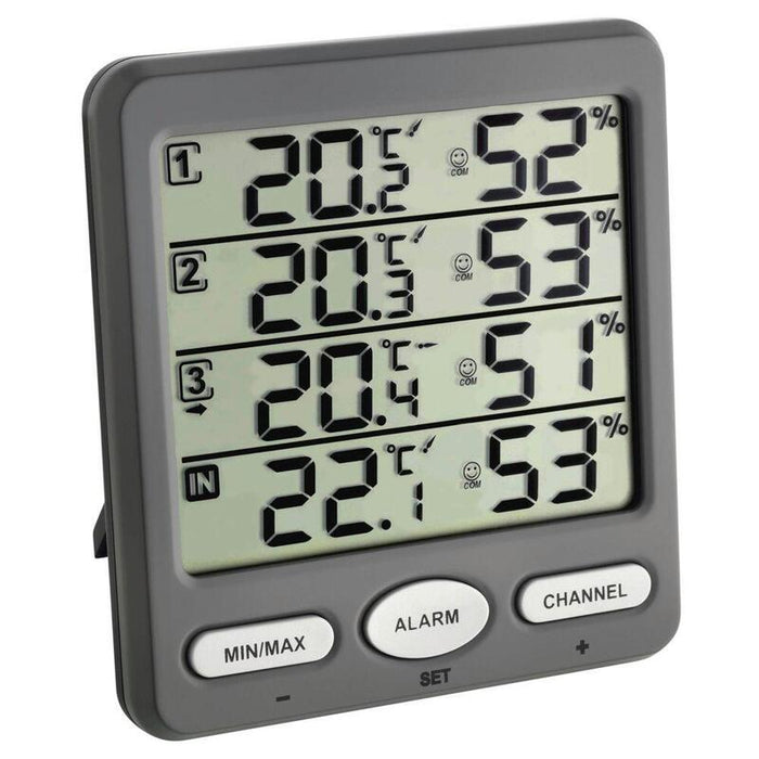 Termohigrómetro Inalámbrico Tfa Climate Monitor Con 3 Transmisores, Termómetro (Negro, 3 Sensores Exteriores Inalámbricos, Ampliable)