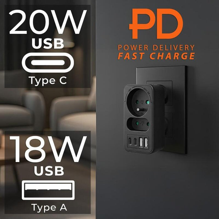 Toma De Corriente Maclean X2 + 4xusb, Divisor Con 2 Tomas, 2xusb A, 2xusb C Pd 20w, 1x16a + 1x6a, Mce249 F/B