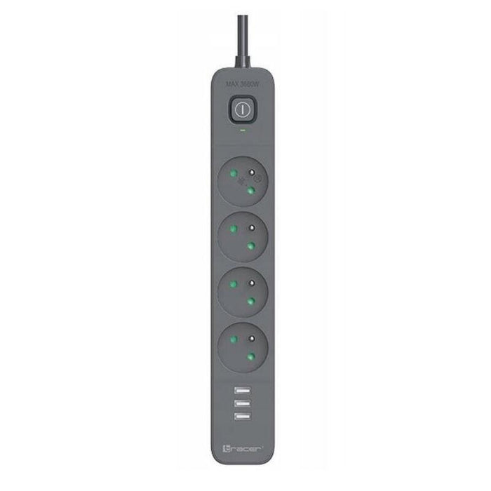 Tracer Surge Protector Power Line+ Mobile Ready 1.5m 4 Sockets + 3x Usb A 5v 2.4a