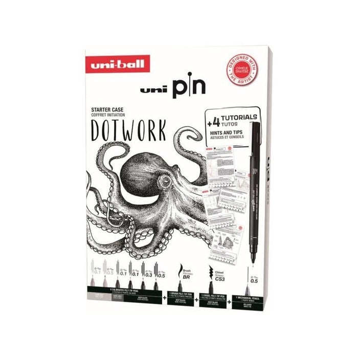Uni-Ball Uni Pin Dotwork Pack De 8 Rotuladores Calibrados 0.1, 0.3, 0.5, Brush Y Cs3 + 1 Portaminas Shalaku S + 4