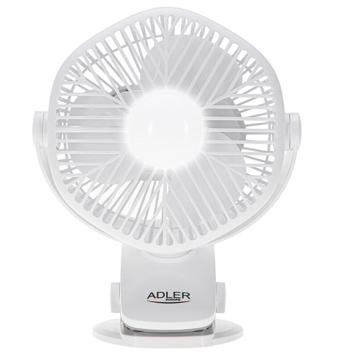 Ventilador  Adler De Mesa Con Batería Y Clip  Ventilador Usb Con Iluminación Led  3 Velocidades Y Giratorio 360°  Ventilador De Abrazadera De 15,3 X 10,5 X 19,9 Cm  Blanco