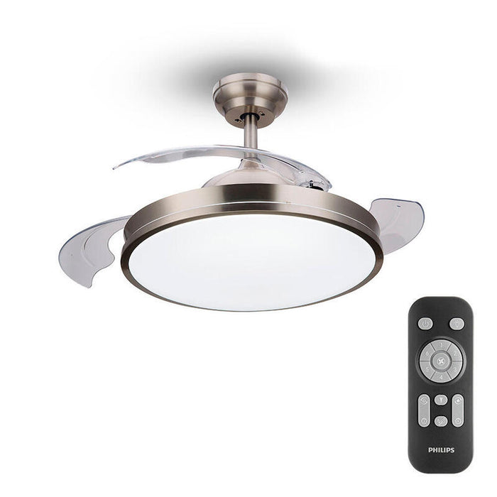 Ventilador De Techo De Led Modelo Atlas. Color Nikel. Potencia: 28+35w Aspas: Ø106cm Con Mando A Distancia Philips