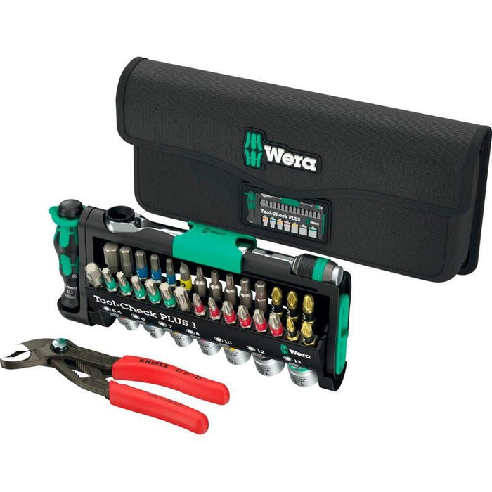 Wera Tool-Check Combi 1, Con Knipex Cobra, Juego De Puntas Negro/Verde, 40 Piezas, Incl. Carraca Para Puntas De 1/4" Y Alicates Para Bombas De Agua 05049070001