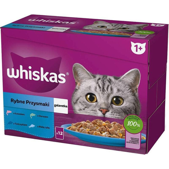 Whiskas Bolsitas De Gelatina, Sabores: Pescado Blanco, Bacalao, Salmón, Atún - Comida Húmeda Para Gatos - 12x85g