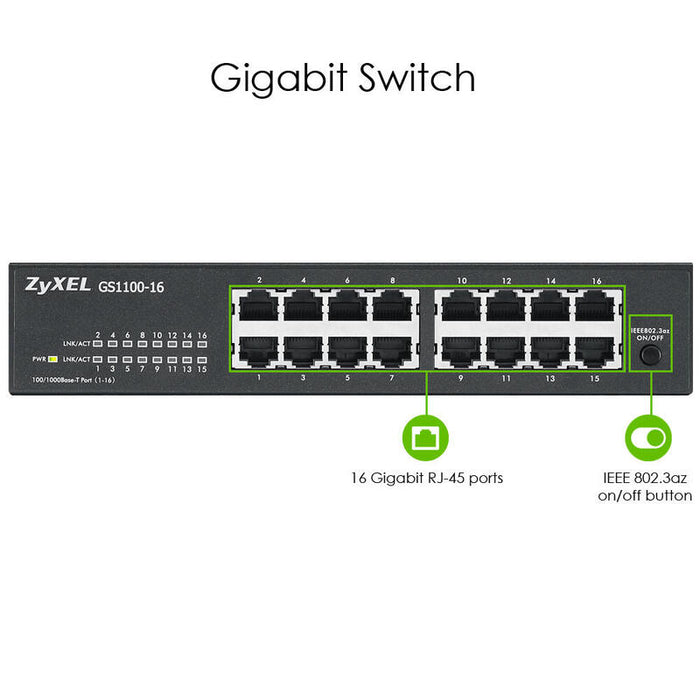 Zyxel Switch 16ptos 16x Ge Gs1100-16 V2